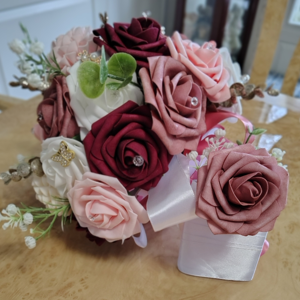 Artificial Rose Bouquet in Blush, Mauve & Burgundy